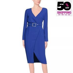 PINKO Magic Midi Wrap Dress Blue Belted Long Sleeves IT38 US2 UK6 XS